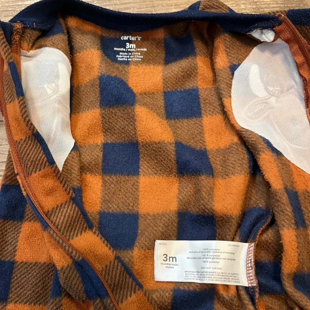 Carters Baby Boys 3M Fleece Footed Pajamas Buffalo Plaid Bison Blue Orange‎ 3 Mo